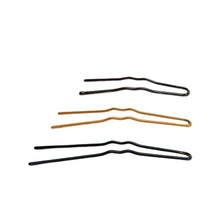 Load image into Gallery viewer, Product image of: BUNHEADS Hairpins (opened), Style: BH435, BH437, BH442 Colors: Brown 2", Blonde 2.5", Black 3", Front view.