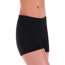 Load image into Gallery viewer, Female model wearing BODYWRAPPERS Pro Weave Boy Cut Short, Style: BWP081, Color: Black, View: Side.