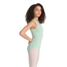 Load image into Gallery viewer, Female model wearing CAPEZIO High-Neck Tank Leotard, Style: CC201, Color: Cameo Green, View: Side.