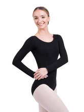 Load image into Gallery viewer, Female model wearing CAPEZIO Long Sleeve Leotard, Style: CC450, Color: Black, View: Front.