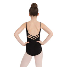 Load image into Gallery viewer, Female model wearing Capezio V-Neck Camisole Leotard, style CC102C in color black, back view.