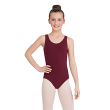 Load image into Gallery viewer, Female model wearing Capezio High-Neck Tank Leotard, style CC201 in color burgundy, front view.