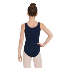 Load image into Gallery viewer, Female model wearing Capezio High-Neck Tank Leotard, style CC201 in color navy, back view.