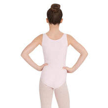 Load image into Gallery viewer, Female model wearing Capezio High-Neck Tank Leotard, style CC201C in color pink, back view.