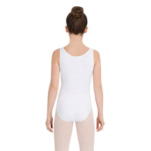 Load image into Gallery viewer, Female model wearing Capezio High-Neck Tank Leotard, style CC201C in color white, back view.
