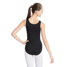 Load image into Gallery viewer, Female model wearing Capezio High-Neck Tank Leotard, style CC201 in color black, back view.