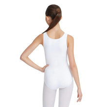 Load image into Gallery viewer, Female model wearing Capezio High-Neck Tank Leotard, style CC201 in color white, back view.