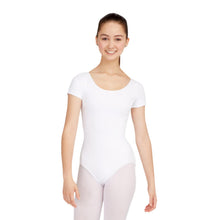 Load image into Gallery viewer, Female model wearing CAPEZIO Short Sleeve Leotard, style CC400, colour white, front view.
