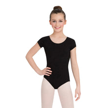 Load image into Gallery viewer, Female model wearing CAPEZIO Short Sleeve Leotard, style CC400C, colour black, front view.