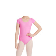 Load image into Gallery viewer, Female model wearing CAPEZIO Short Sleeve Leotard, style CC400C, colour candy pink, front view.