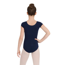 Load image into Gallery viewer, Female model wearing CAPEZIO Short Sleeve Leotard, style CC400C, colour navy, back view.