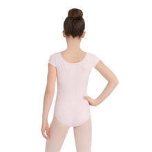 Load image into Gallery viewer, Female model wearing CAPEZIO Short Sleeve Leotard, style CC400C, colour pink, back view.