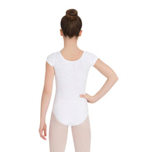 Load image into Gallery viewer, Female model wearing CAPEZIO Short Sleeve Leotard, style CC400C, colour white, back view.