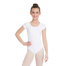 Load image into Gallery viewer, Female model wearing CAPEZIO Short Sleeve Leotard, style CC400C, colour white, front view.