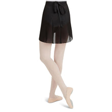 Load image into Gallery viewer, Female model wearing CAPEZIO Georgette Wrap Skirt, style N272, colour black, back view.