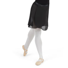 Load image into Gallery viewer, Female model wearing CAPEZIO Georgette Long Wrap Skirt, style N276, colour black, front & side view.