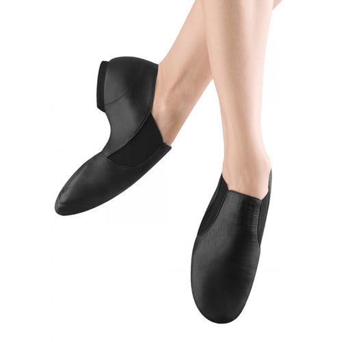 Female model wearing Bloch Leather Elasta Jazz Booties, style S0499L, colour black, top and side view.