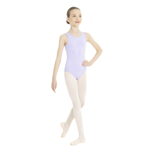 Female model wearing MONDOR Essentials Tank Leotard, style 40095, colour lilac-59, front view.