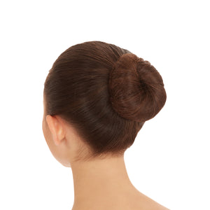 Female model wearing BUNHEADS Hair Net, Style: BH422 , Color: Medium Brown, View: Back View (showing hair in a bun).