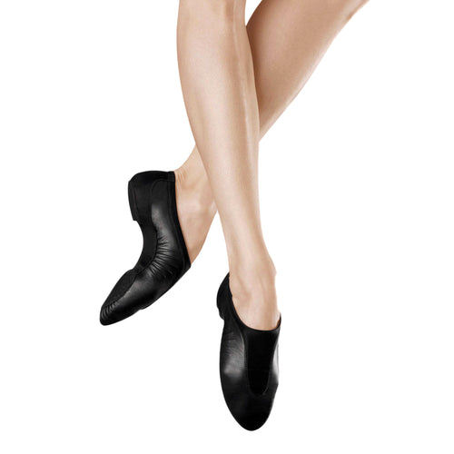 Female model wearing BLOCH Pulse Leather Jazz Shoe, Style: S0470G, Color: Black, View: Front, Side.