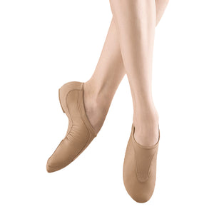 Female model wearing BLOCH Pulse Leather Jazz Shoe, Style: S0470L, Color: Tan, View: Front, Side.