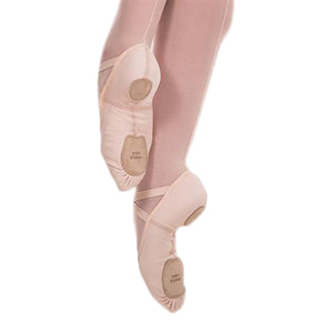 Product image of: BODYWRAPPERS Instant Fit Split Sole Ballet Shoe, Style: 248C, Color: Peach, View: Side view and bottom view of sole.