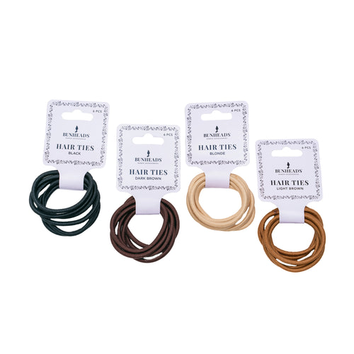 Product image of: BUNHEADS Hair Ties (packaged, all colors), Style: BH150, BH1509, BH1510, BH1511, Color: Blonde, Light Brown, Dark Brown, Black, View: Top View.