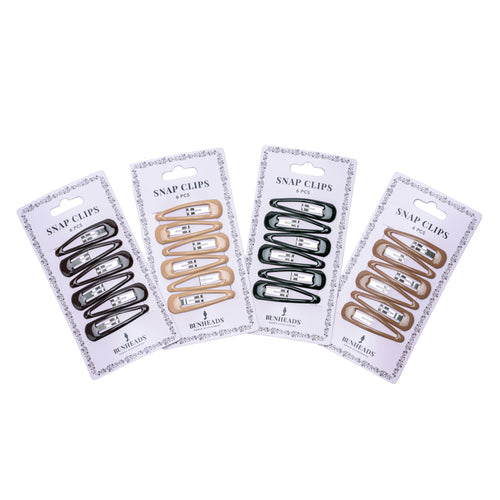 Product image of: BUNHEADS Snap Clips (packaged), Style: BH1512, BH1513, BH1514, BH1515, Colors: Blonde, Light Brown, Dark Brown, Black, Top view.