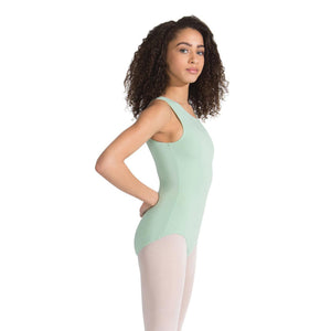 Female model wearing CAPEZIO High-Neck Tank Leotard, Style: CC201, Color: Cameo Green, View: Side.