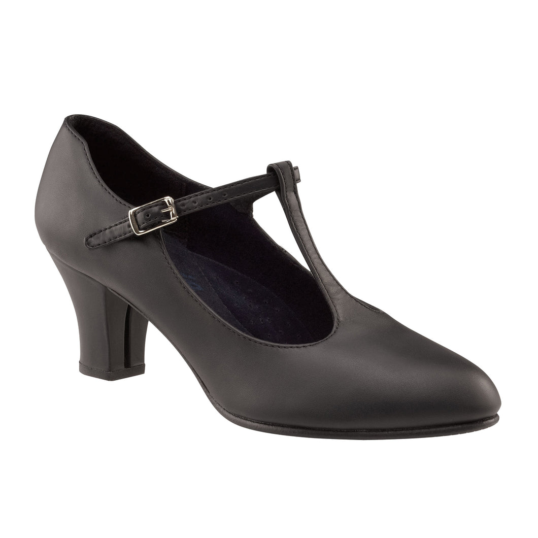 Product image of: CAPEZIO Jr. Footlight T-Strap Character Shoe, Style: 750, Color: Black, View: Front, Side.