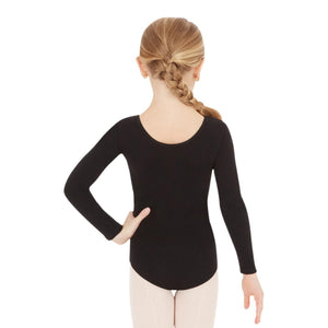 Female model wearing CAPEZIO Long Sleeve Leotard - Kids, Style: CC450C, Color: Black, View: Back.