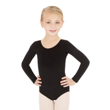 Load image into Gallery viewer, Female model wearing CAPEZIO Long Sleeve Leotard - Kids, Style: CC450C, Color: Black, View: Front.
