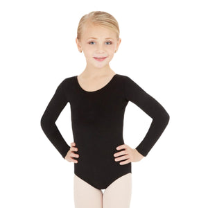 Female model wearing CAPEZIO Long Sleeve Leotard - Kids, Style: CC450C, Color: Black, View: Front.