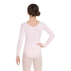 Female model wearing CAPEZIO Long Sleeve Leotard - Kids, Style: CC450C, Color: Pink, View: Back.