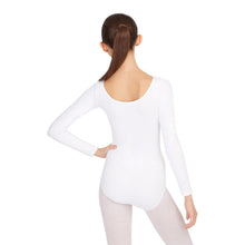 Load image into Gallery viewer, Female model wearing CAPEZIO Long Sleeve Leotard, Style: CC450, Color: White, View: Back.
