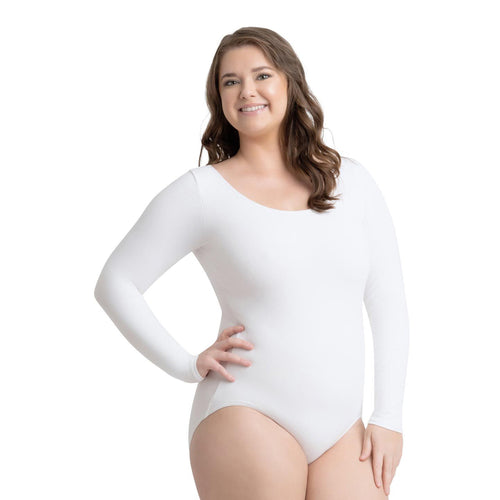 Female model wearing CAPEZIO Long Sleeve Leotard, Style: CC450, Color: White, View: Front.