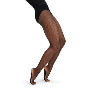 Female model wearing CAPEZIO Professional Fishnet Seamless Tight, Style: 3000C , Color: Black, View: Side.