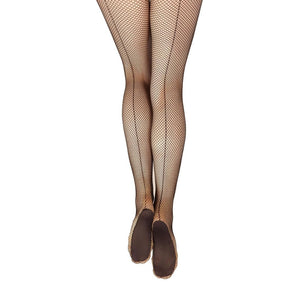 Female model wearing CAPEZIO Professional Fishnet Tight With Seams, Style: 3400, Color: Black, View: Back.