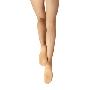 Female model wearing CAPEZIO Professional Fishnet Tight With Seams, Style: 3400, Color: Caramel, View: Back.