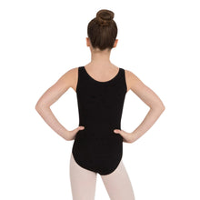 Load image into Gallery viewer, Female model wearing Capezio High-Neck Tank Leotard, style CC201 in color black, back view.
