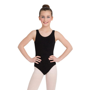 Female model wearing Capezio High-Neck Tank Leotard, style CC201 in color black, front view.