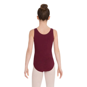 Female model wearing Capezio High-Neck Tank Leotard, style CC201 in color burgundy, front view.