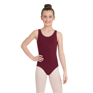 Female model wearing Capezio High-Neck Tank Leotard, style CC201 in color burgundy, front view.