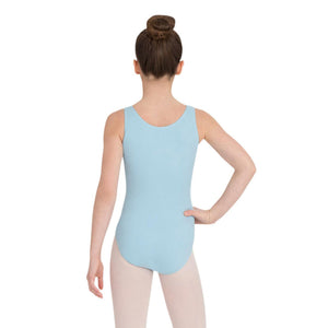 Female model wearing Capezio High-Neck Tank Leotard, style CC201C in color light blue, back view.