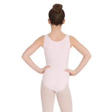 Load image into Gallery viewer, Female model wearing Capezio High-Neck Tank Leotard, style CC201C in color pink, back view.
