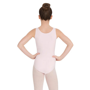 Female model wearing Capezio High-Neck Tank Leotard, style CC201C in color pink, back view.