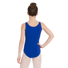 Load image into Gallery viewer, Female model wearing Capezio High-Neck Tank Leotard, style CC201 in color royal blue, back view.
