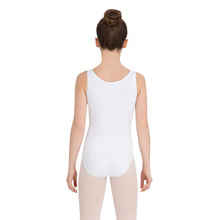 Load image into Gallery viewer, Female model wearing Capezio High-Neck Tank Leotard, style CC201C in color white, back view.
