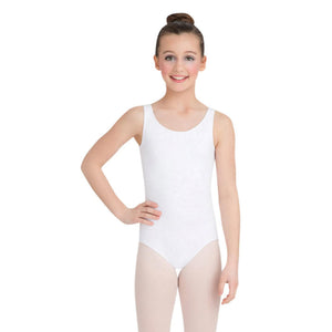 Female model wearing Capezio High-Neck Tank Leotard, style CC201C in color white, front view.