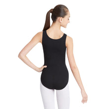 Load image into Gallery viewer, Female model wearing Capezio High-Neck Tank Leotard, style CC201 in color black, back view.
